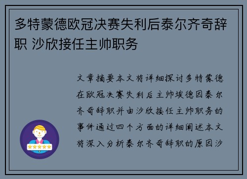 多特蒙德欧冠决赛失利后泰尔齐奇辞职 沙欣接任主帅职务 多特蒙德欧冠决赛失利后泰尔齐奇辞职 沙欣接任主帅职务
